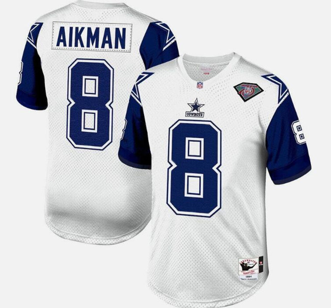 Men's Dallas Cowboys #8 Troy Aikman White 1996 Mitchell & Ness Throwback Football Stitched Jersey